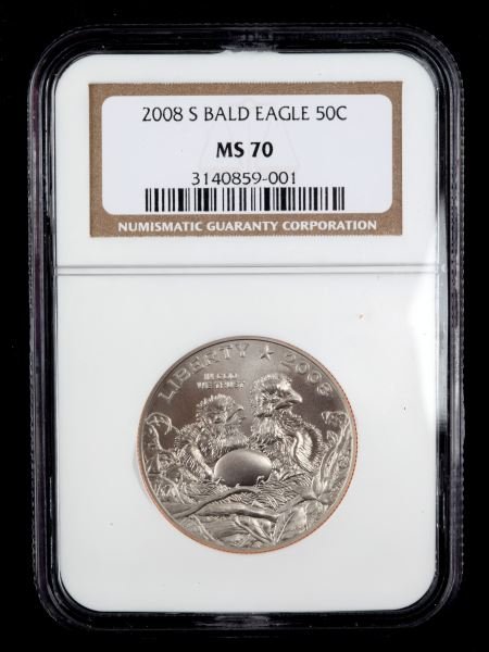 2008 S BALD EAGLE MS70 CLAD HALF DOLLAR: NGC Encapsulated commemorative coin.