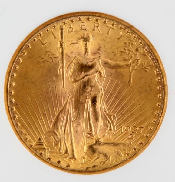 1927 DOUBLE EAGLE ST GAUDENS NGC MS 64 GOLD COIN: 1927 Saint Gaudens Double Eagle gold coin $20 face value. Graded MS64 by NGC. Encapsulated.