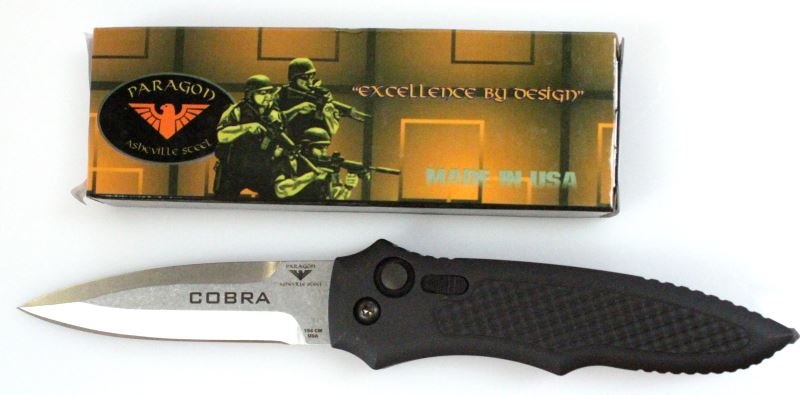 PARAGON COBRA AUTOMATIC TACTICAL KNIFE NEW IN BOX: Stonewash, non serrated spear point blade, tip down pocket clip. overall length opened eight inches.