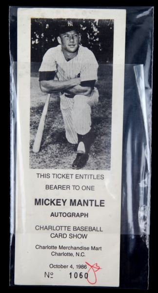 1986 MICKEY MANTLE AUTOGRAPH TICKET VINTAGE: Vintage, 1986, Mickey Mantle autograph ticket. This item does not have Mickey Mantle's autograph, but it would have been used to obtain his autograph. Unique sports memorabilia.