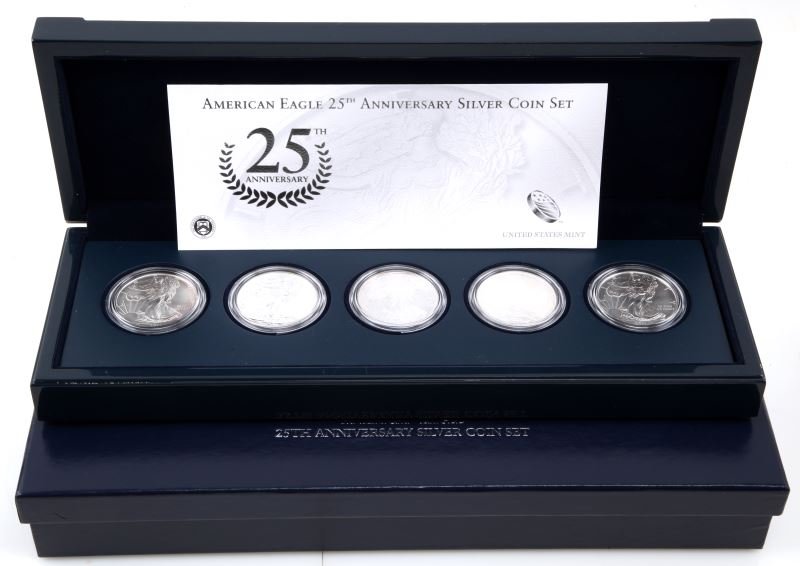 AMERICAN EAGLE 25TH ANNIVERSARY SILVER 5 COIN SET: 2011 Boxed as issued by the U.S. Mint and includes, Uncirculated, Proof, Reverse Proof, Bullion no mint mark and Uncirculated San Francisco.