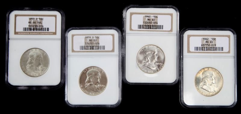 4 FBL HIGH GRADE NGC FRANKLIN HALF DOLLAR COINS: Lot of four Franklin Half Dollars NGC graded MS 64-65. The coins and condition are as followed: 1962 Franklin Half MS 65 gold toning in legends, 1950 D Franklin Half MS 64 FBL, 1960 Franklin MS 65, an
