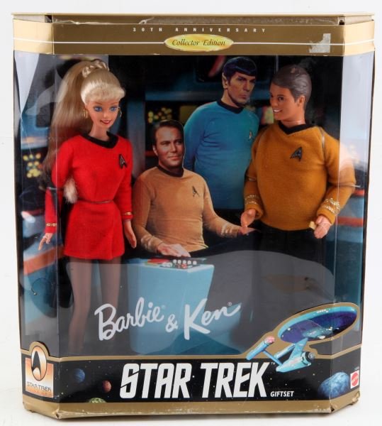 30TH ANNIVERSARY BARBIE & KEN STAR TREK GIFTSET: Collector edition Star Trek 30th Anniversary Barbie and Ken gift set in box. The dolls and accessories have never been removed from the box. The box has some defects, but overall good condition.