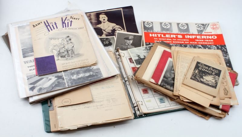 WWII GERMAN & AMERICAN PHOTOS ARTICLES & EPHEMERA: Lot of various German and American articles, documents, photos, and ephemera from WWII. Five articles: a 1939 Life article on German artillery, The Blue Devils Stumped the Experts, Walt Disney Goes to