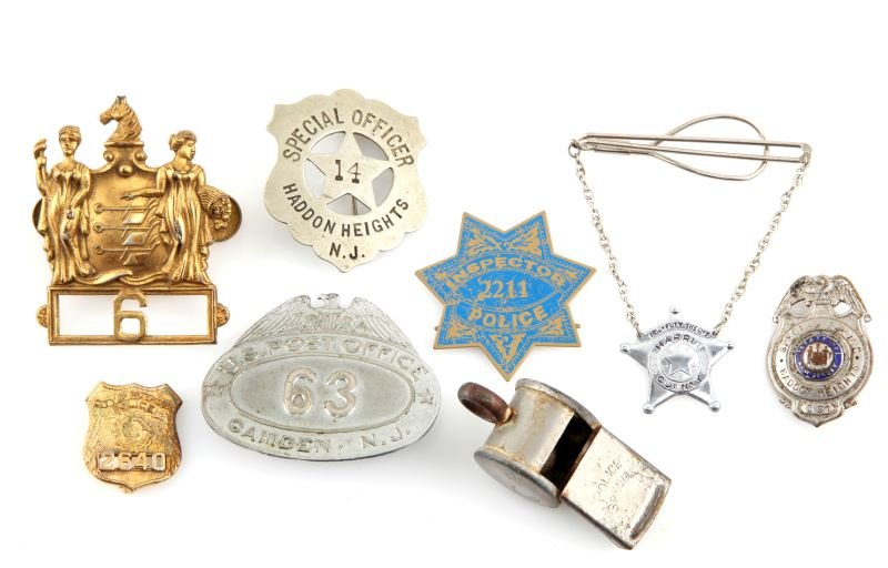 BADGE LOT POST OFFICE SPECIAL POLICE TX NJ: Eight piece lot includes, U.S. Post Office #63 Camden, N.J. cap badge, two inch early Haddon Heights, N.J. #14 badge, maker stamped Allen, very good, Haddon Heights, N.J. 1 1/2 inch special police bad
