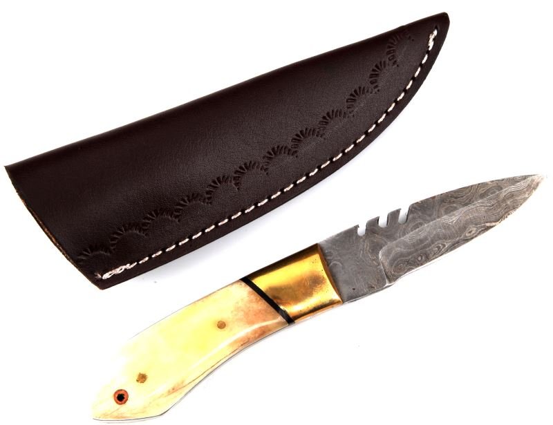DAMASCUS STEEL HUNTING KNIFE W DEER BONE HANDLE: Hand-crafted Damascus steel hunting knife with a polished Deer bone and brass handle. Ladder pattern to blade with 3 cut-outs to top, brass guard, 2 perforations to bottom of handle, steel rivet const