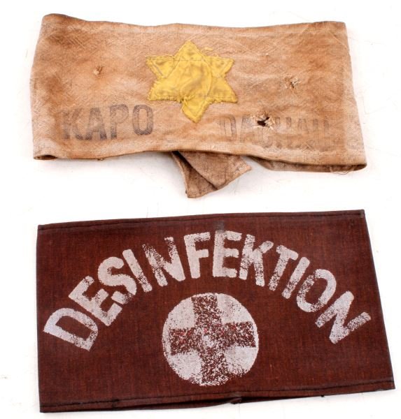 2 CONCENTRATION CAMP ARMBANDS KAPO & DESINFEKTION: Two concentration camp armbands. One Dachau concentration camp patch with a Star of David sewn into fabric. "KAPO" and "DACHAU" stamped on face. Armband has staining and some holes. One Dachau armband