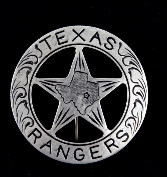 SILVER TEXAS RANGERS OLD WEST BADGE: Reproduction but nicely crafted from old Mexican Peso, pin back.