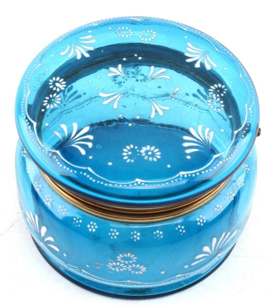 LARGE VINTAGE BLUE BOHEMIAN GLASS TRINKET BOX: Large Bohemian glass trinket box painted with white floral and foliated designs. Very good condition, no chips or cracks. 4 inches tall with 4.75 inch diameter.