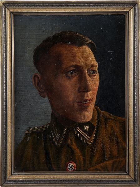 ORIGINAL OIL PAINTING GERMAN NSKK MAN: Oil painting of a WWII German NSKK man. Approximately 8x11.25 inches. Has a mounting hook. Some small imperfections on surface. This lot has a reserve.