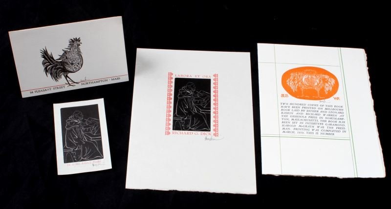 LOT OF FOUR SIGNED LEONARD BASKIN GEHENNA PRESS: Lot of four small signed Leonard Baskin woodcuts. The first item in this lot is a business card for Smith Glass & Mirror Co, the card has a rooster on the cover. Pencil signed. The second item commemo