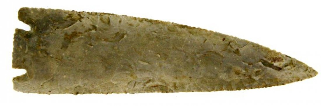 WOODLAND HAMILTON STEMMED POINT MORGAN CO. ALABAMA: Woodland Hamilton Stemmed arrowhead point. Large barbed blade with needle like point, broad flaking and secondary chipping to almost beveled edges, some sharpness to base and edges. Sticker marked (Mo