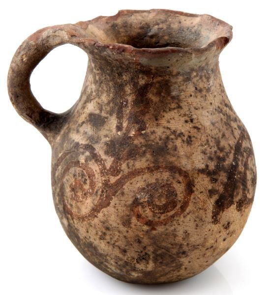 SMALL NATIVE AMERICAN RED POTTERY JAR JUG ANTIQUE: Small antique Native American pottery jug. Curved line design, black discoloration covering the jar, maybe from heat, some rim loss, otherwise good condition. Stands 4 inches tall. From private collec