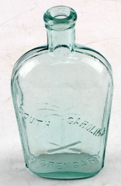 ANTIQUE BOTTLE FLASK SOUTH CAROLINA DISPENSARY: Standing 7.5 inches full pint strap side, light green tint, no makers mark, clean and damage free.