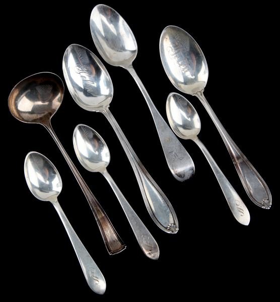 SMALL LOT OF SEVEN VINTAGE STERLING SPOONS: Includes three sterling demitasse spoons made by Samuel Kirk & Sons of Baltimore, three sterling teaspoons with maker unknown, and one small hallmarked serving spoon. All in fair to good condition. We