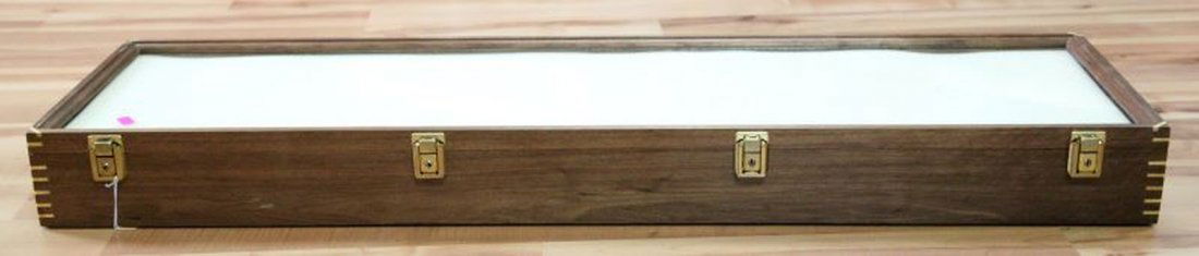 HANDMADE WOOD & GLASS LARGE DISPLAY CASE ARTIFACTS: Handmade wooden and glass rectangular large display case with 4 brass clasps, could be used for sword or artifacts. Darker maybe Walnut wood with 7 tiny lighter wood accents to each corner. Measures 4