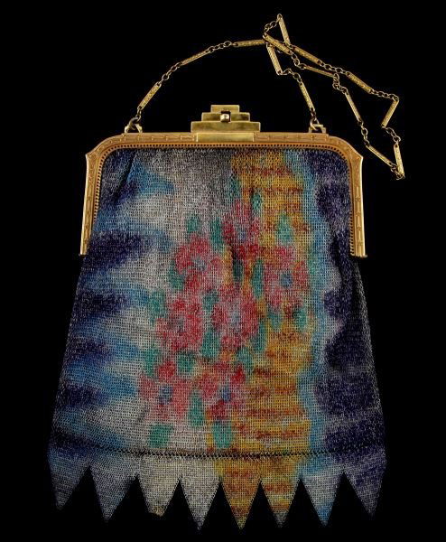 ANTIQUE WHITING & DAVIS PAINTED MESH PURSE: Art Deco antique Whiting and Davis painted mesh purse. The bag is painted with green, blue, purple, yellow and red. Both sides are painted with bunches of flowers. The frame has floral and geometric d