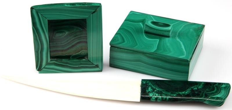 VINTAGE MALACHITE LOT OF 3 INCLUDING BOX FRAME: Lot of three vintage Malachite pieces. The first item in this lot is a letter opener. The letter opener has a malachite handle and a long ivory blade. An overall length of 9 inches. The second item is
