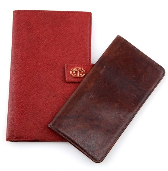 MARK CROSS RED LEATHER PASSPORT WALLET PLUS 1: Mark Cross ladies' red leather passport wallet, made in Italy. Logo to button closure, Fiocchi Lecco button, many compartments, good condition. Comes with brown leather checkbook cover.