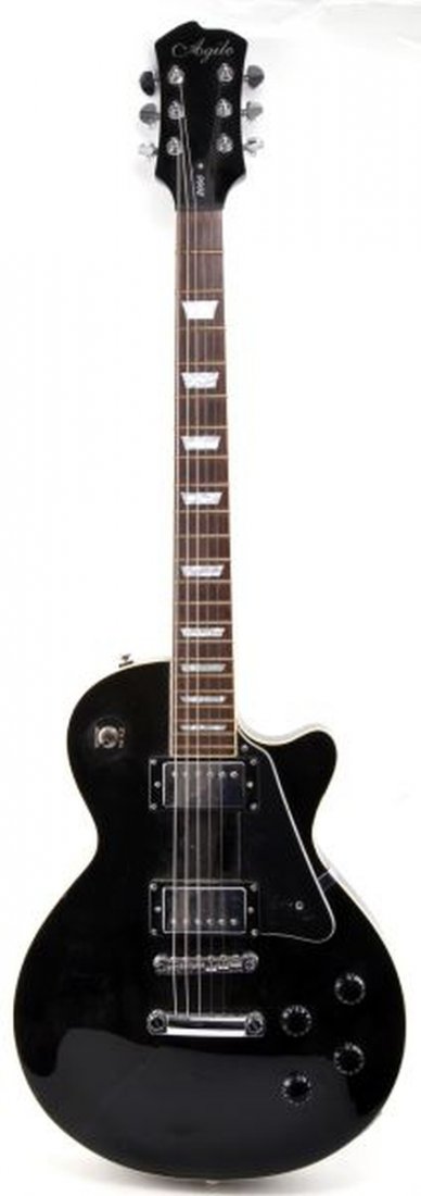 AGILE 2000 BLACK LES PAUL COPY W SOFT CASE: Agile 2000 handcrafted in South Korea electric guitar. Les Paul copy all black with silver hardware and Grover tuners. Rosewood neck with binding. The binding has yellowed, the body has a few blemishe