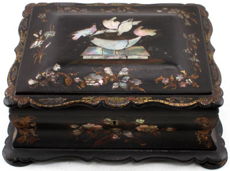 BLACK LACQUER SEWING BOX ANTIQUE WITH INLAYS: 19th century black lacquer sewing box with sterling and bone haberdashery. The black lacquer box is decorated with painted and inlaid floral designs; abalone inlays. The box is full of high quality an