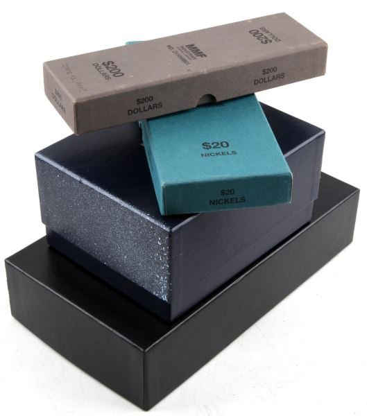 US MINT COIN COLLECTOR EMPTY BOXES LOT OF 4: US Mint coin collector empty boxes, lot of 4. One grey box for dollar coin rolls, one green box for nickel rolls, one blue lidded box for 50 state quarter sets, and one Presidential Dollar series blac