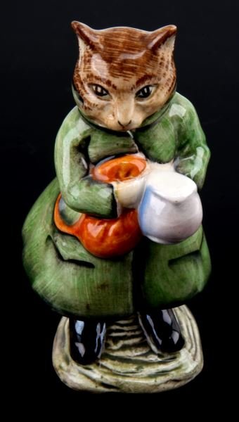 BEATRIX POTTER SIMPKIN PORCELAIN FIGURINE BP3B: Vintage Beatrix Potter porcelain figurine with BP-3b backstamp. The figurine titled "Simpkin" depicting a cat in a green coat with mug and bag. Near mint condition with no chips, cracks, or crazing. 4