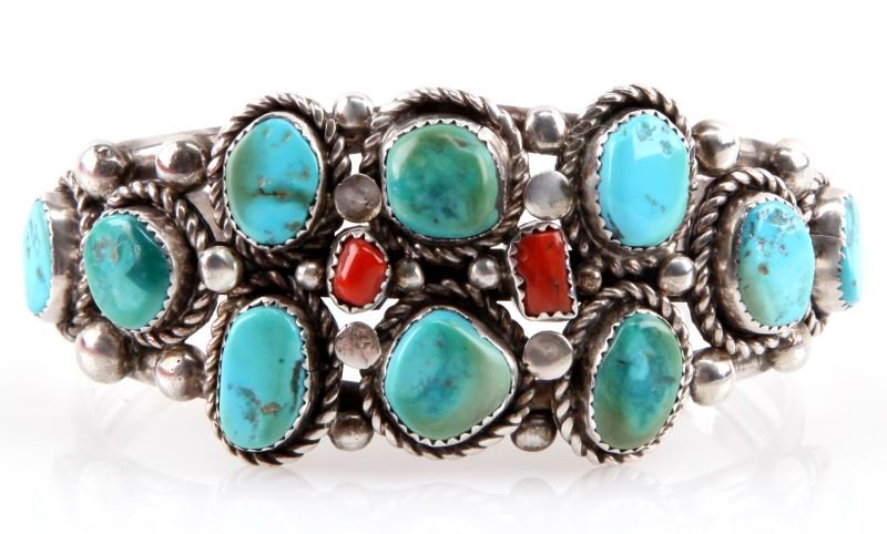 MENS/LADIES SILVER BRACELET W/TURQUOISE & CORAL (1 of 3)