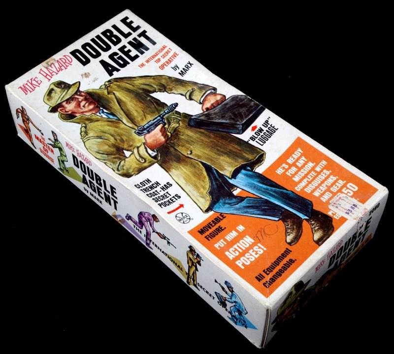 MIKE HAZARD DOUBLE AGENT IN ORIGINAL BOX 11.25": Original vintage Mike Hazard Double Agent action figure in box with accessories. This set is not complete, however it does contain a majority of the items. All disguises are included, the trench coat,