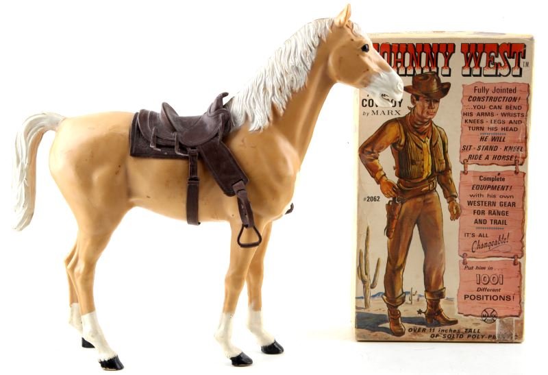 VINTAGE JOHNNY WEST ACTION FIGURE W BOX AND HORSE: Vintage Marx toy lot consisting of action figure Johnny West and his horse. Johnny West includes original box and the following accessories: hat, canteen, kerchief, chaps, vest, bags of gold, Wells Fa