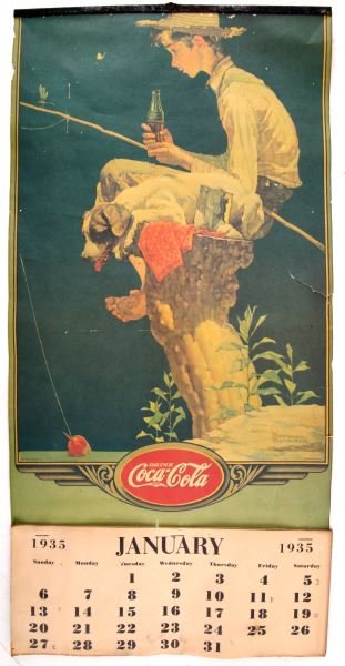 1935 COCA-COLA CALENDAR W BOY FISHING BY ROCKWELL: 1935 Coca-Cola calendar with image of boy fishing by Norman Rockwell. January through December present. Some tears and signs of age. Overall good condition.
