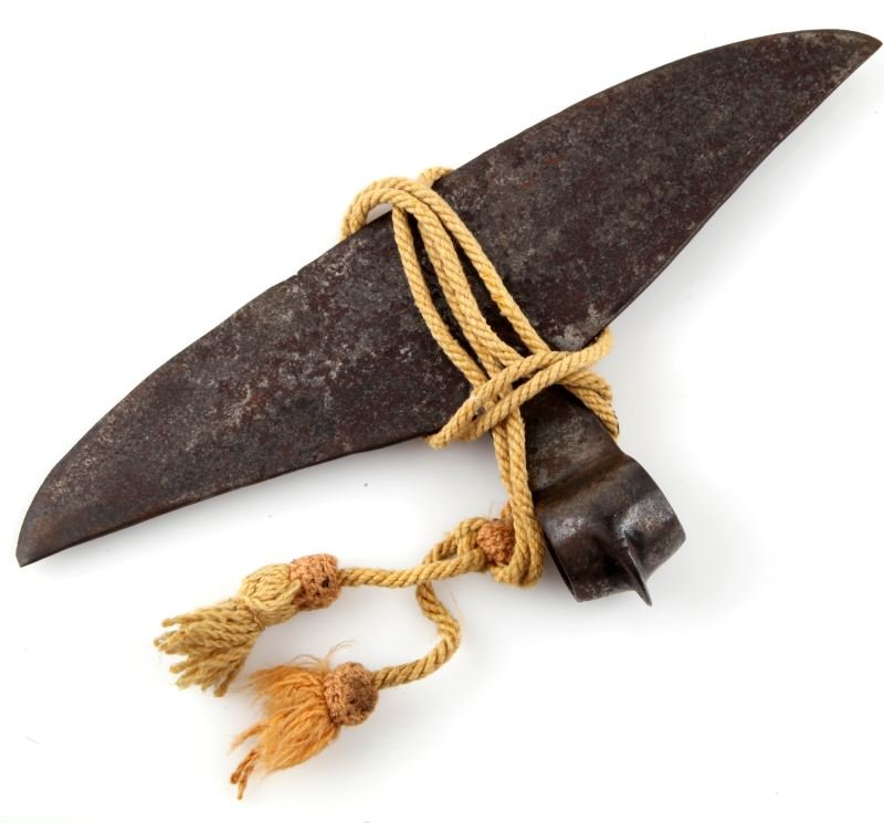 BULLOVA STYLE FIGHTING AXE HEAD ANTIQUE: Antique Bullova style fighting axe head. Measures 11.5 inches long. Some incised design, rough blade edge. Bullova fighting axes are traditional weapons of aboriginal Chata Nagpur tribes of India. Ver