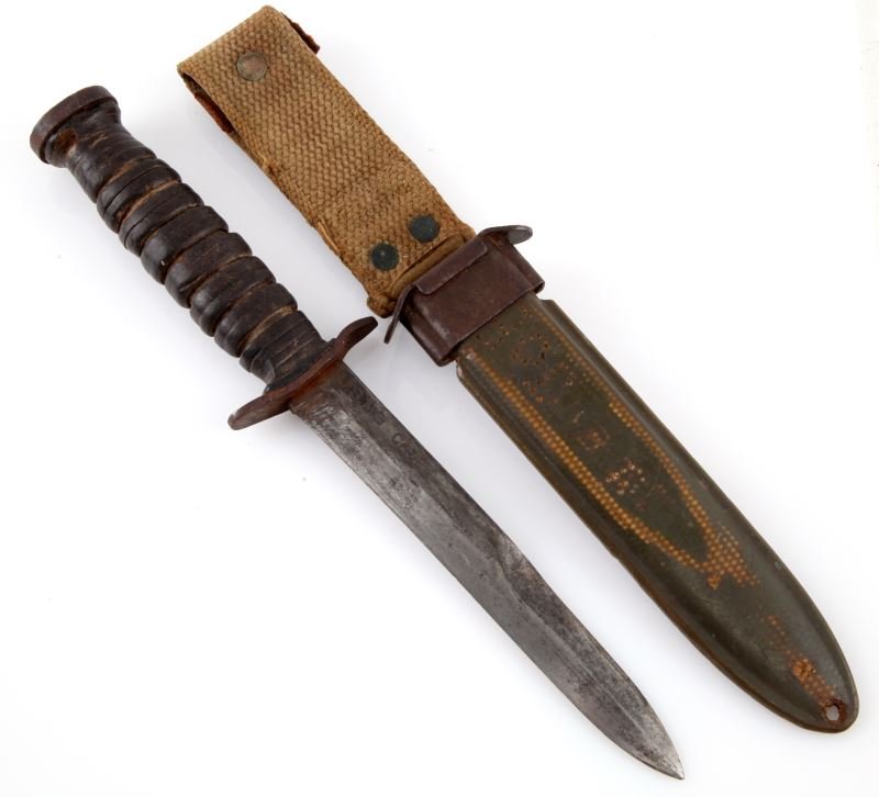 WWII CASE U.S. M-3 FIGHTING KNIFE & M-8 SCABBARD: Pretty heavy service use but complete and blade is good overall, leather spacers are somewhat loose, scabbard is marked "Joe".