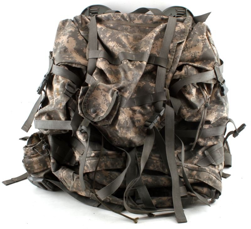LARGE MOLLE DIGITAL CAMOUFLAGE US ARMY RUCKSACK: Used US Army Large MOLLE digital camouflage rucksack. Multi-compartment backpack with plastic frame. Overall very good condition. 22 inches wide by 24 inches. This lot has a reserve