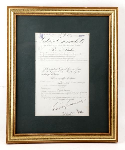 1927 SIGNED DOUMENT BY MUSSOLINI & V EMANUELE III: 1927 document signed by Vittorio Emanuele III and Benito Mussolini. The document discusses an amendment on solider pensions. The document is framed and appears to be in very good condition, however th