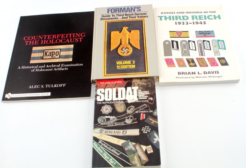 FOUR WII THIRD REICH MILITARIA COLLECTOR'S BOOKS: A lot of four books: "Soldat V. XI" by Cyrus A. Lee, "Badges and Insignia of the Third Reich 1933-1945" by Brian L. Davids, " Counterfeiting the Holocaust" by Alec S. Tulkoff, and Forman's "Guide to T