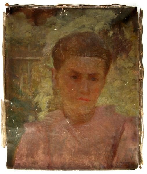 GEORGE CLAUSEN PORTRAIT OIL ON CANVAS NO FRAME: George Clausen portrait on canvas. Painting has been removed from frame. Some crazing and rips are present. Measures approximately 18 by 15 inches. Signed bottom right. Unauthenticated, sold as is.