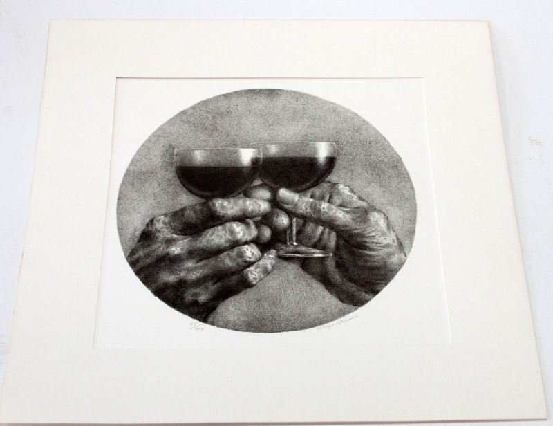 JOSEPH HIRSCH SIGNED LITHOGRAPH WINE GLASS & HANDS: Joseph Hirsch (American, 1910–1981) signed and numbered black and white lithograph of wine glasses and hands coming together. Square matte frame with some yellowing to edges, measuring 18.5 by 18.5