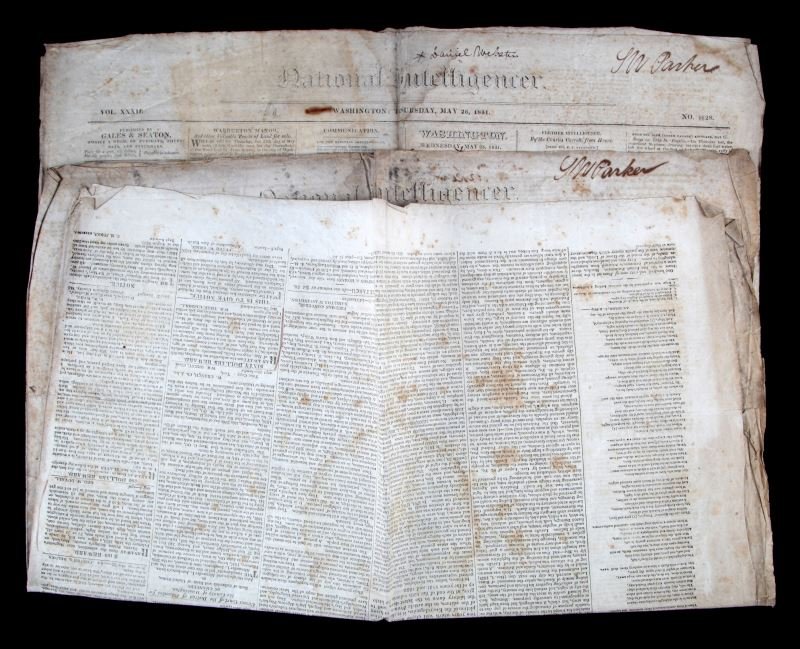 1830-31 NATIONAL INTELLIGENCER PAGES JACKSON CLAY: Newspaper pages from the October 2, 1830 and May 26, 1831 editions of the National Intelligencer Washington newspaper. Papers contain advertisements pertaining to the sale of slaves, announcements by 
