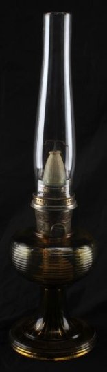 1937-38 ALADDIN BEEHIVE YELLOW AMBER LAMP MODEL B: Aladdin Beehive amber glass lamp (1937-38), complete with Model B burner, oil pot, wick, and chimney. Maker marked to knob and chimney. Stands about 24 inches tall with chimney. Free from damage. Very
