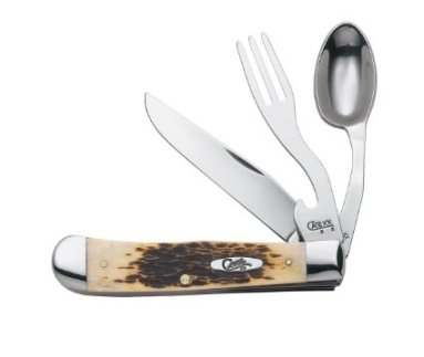 CASE AMBER BONE HOBO TRAPPER KNIFE FORK SPOON: Item # 00052 with surgical stainless steel blade and jigged cattle bone handle. All new in unopened boxes, photos are stock.