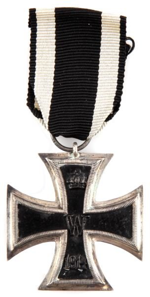 WWI IMPERIAL IRON CROSS SECOND CLASS WITH RIBBON: WWI Iron Cross second class with short ribbon. Has "1" marked on ribbon ring. Three-piece construction. Magnetic center and non-magnetic sides. Its obverse is marked with King Wilhelm II's crown and i