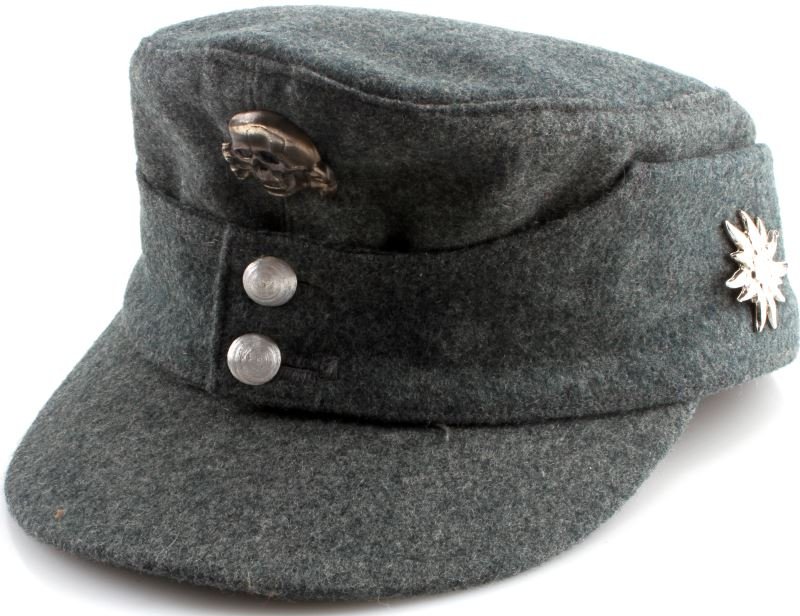 WWII THIRD REICH SS MOUNTAIN TROOPS M-43 CAP: WWII German SS mountain troops M-43 cap. Has a metal totenkopf pin and a metal mountain troops pin. Moth free. Overall very good condition. Unauthenticated as is.
