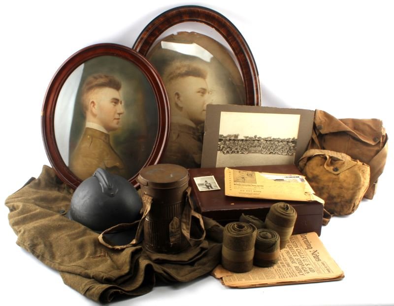 WWI US ARMY ARCHIVE ERNEST J. POIRIER AMBULANCE: WWI US Army archive of Private Ernest J. Poirier, Ambulance Service, AEF, Section Sanitaine United (SSU 591). Group includes: green wool tunic with Rooster and rank patches, US Field Service Adrian ha