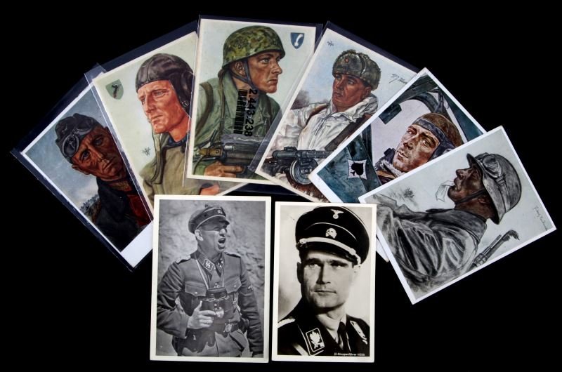 WWII GERMAN WEHRMACHT AND WAFFEN SS POSTCARDS: Lot of eight WWII postcards depicting Wehrmacht and Waffen SS members. Including postcard of Rommel and Werner Mölders. The Rommel postcard has writing on the back and postmarked 1942. Overall very g