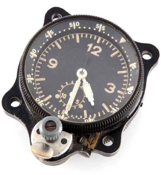 WWII THIRD REICH LUFTWAFFE JUNGHANS COCKPIT CLOCK: Cockpit clock and chronograph by Junghans watch company. Used in all German aircraft, this particular model was used in the Messerschmitt Bf 109. Black dial with luminous hour markers. Rotating bezel 