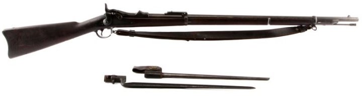 SPRINGFIELD 1884 TRAPDOOR RIFLE W BAYONET US MARK: Springfield 1884 Trapdoor rifle with original US bayonet. Cartouche is marked (1890) on stock side. "VP" eagle "P" proof marks on 32 inch barrel. Breech marked (US Model 1884). "US Springfield" marked