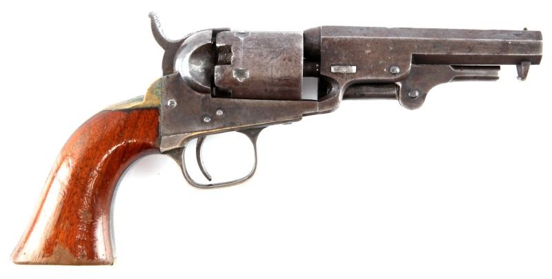 COLT PATENT 1849 POCKET PISTOL STAGE COACH SCENE: Nice but with a couple of detractions. 4x.31 Pistol all matching serial numbers 185258 including the arbor pin and wedge. The loading lever latch is broken and the left walnut grip is chipped. However