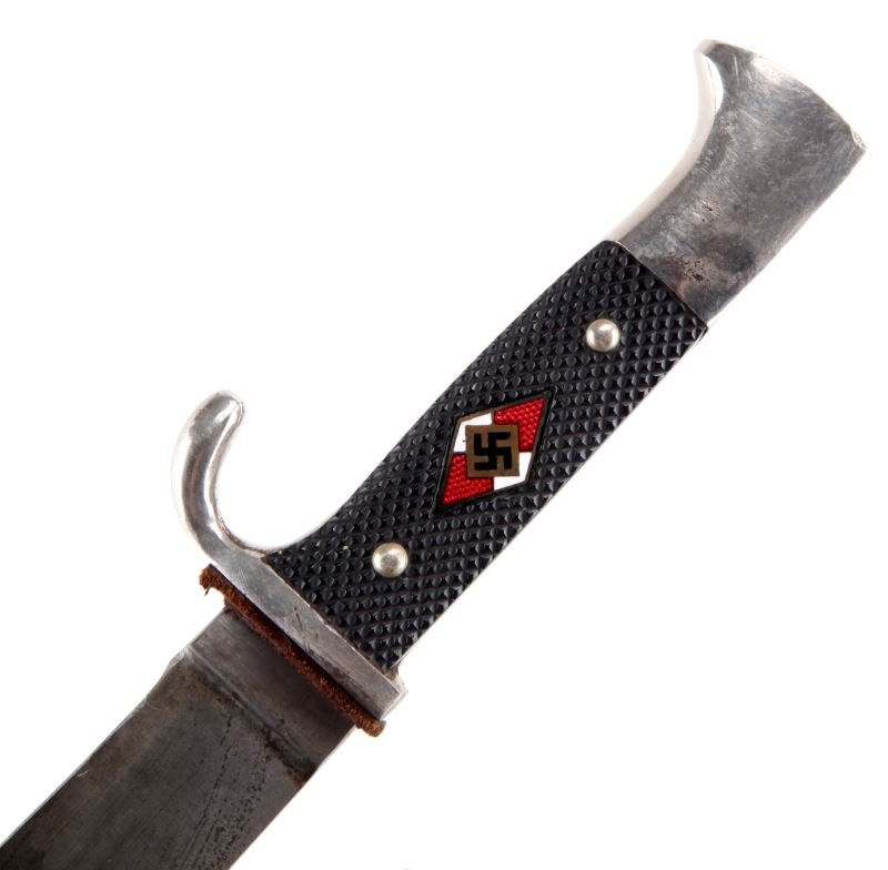 WWII THIRD REICH HITLER YOUTH KNIFE WITH MOTTO: Hitler Youth knife inscribed with "Blut und Ehre!" (Blood and honor) motto. RZM M7/13 marker's mark and control numbers plus "A. Schuttera Schluttenhofer & Co." Nickel hardware is in good condition wi