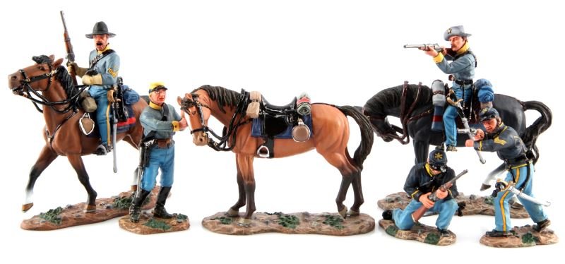 LOT OF 4 CIVIL WAR KING & COUNTRY BOXED FIGURINES: Lot of four American Civil War King and Country figurines. The figurines are cast from a white metal and hand painted. The figures in this set are as followed: CW045 Firing Carbine, CW046 Holding Carb